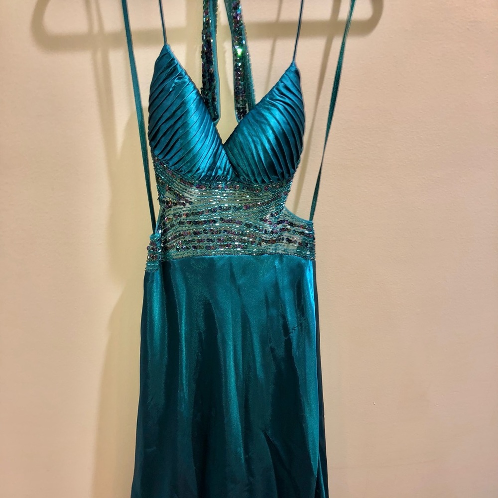 Teal silk sequence dress